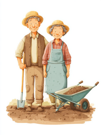 A couple of farmers stands in a field with a wheelbarrow, ready to work the soil. They wear traditional farming attire and appear cheerful under clear skies.の素材