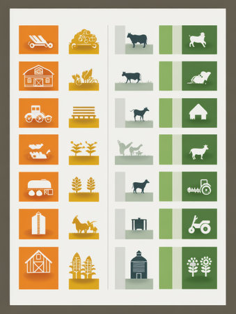The layout showcases farm icons for livestock, crops, and equipment, plus room for extra content.の素材