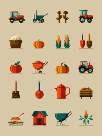 A set of icons showcases farm tools like shovels and wheelbarrows, plus produce like pumpkins and corn, on a light background.の素材