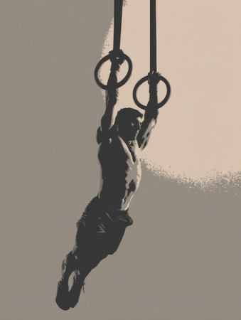 Silhouette of an athlete performing on gymnastic rings against a neutral backdrop, highlighting strength, balance, and focus in a dynamic workout settingの素材