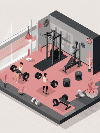 A vibrant gym zone showcases two individuals training with weights amidst a well-equipped space designed for fitness activities.の素材