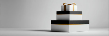 Stacked boxes in black and white with a ribbon sit gracefully on a smooth surface, their clean lines and shadows creating a sophisticated display.の素材
