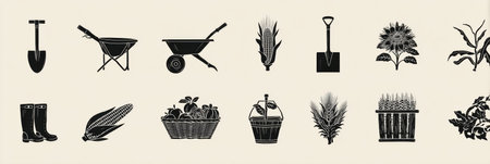 Collection showcases essential farm tools and produce including shovels, wheelbarrows, corn, and baskets in a minimalistic style.の素材
