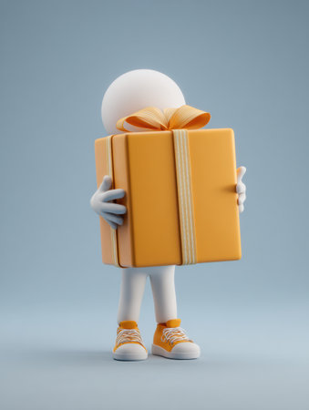 A cheerful 3D character stands holding a large yellow gift box, excitedly showing it with a big ribbon in a bright, simple background.の素材