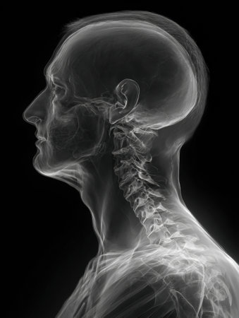 This profile view highlights the neck and trapezius muscle under strain, showing the anatomical features clearly against a dark backdrop.の素材