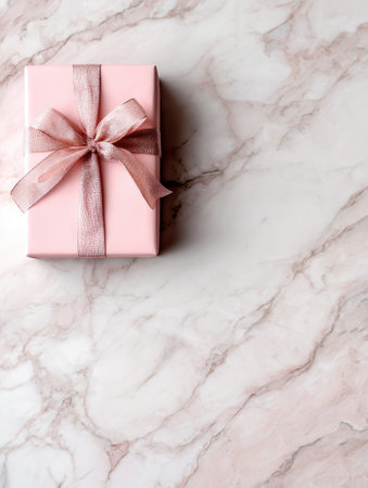 A beautifully wrapped pink gift box sits on a marble table, creating an inviting presentation for special occasions with ample surrounding space.の素材