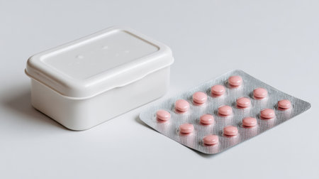 Medicine box sits next to a blister pack filled with pink tablets, representing personal healthcare and organization for daily medication routines.の素材