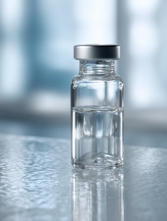 A clear vaccine vial is positioned on a sterile table surface in a medical environment, emphasizing cleanliness and readiness for use.の素材