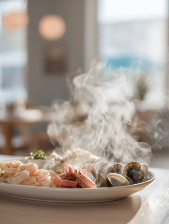 A steaming plate of fresh seafood featuring shrimp and clams is presented in a modern, pastel-toned dining area, inviting a delightful lunchtime experience.の素材