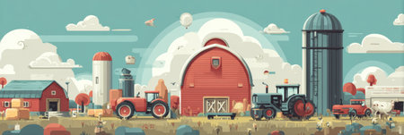 Colorful farm illustration showcases red barns, tractors, and silos against a clear sky, representing agricultural life in a sunny countryside setting.の素材