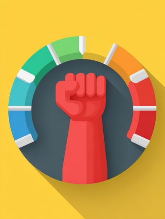 Illustration features a strength meter designed with a flexing arm icon on a colorful gauge, conveying a message of empowerment and physical strength.の素材