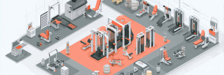 Isometric gym zone features diverse training equipment with a figure actively participating in workouts, surrounded by an organized training environment.の素材