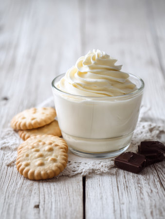 Fresh cream is perfectly whipped and placed in a glass alongside a selection of cookies and pieces of chocolate on a light wooden table.の素材