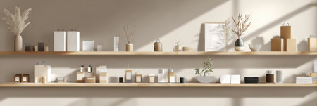 Gift shop shelves are arranged with a variety of neutral-colored items including boxes, decor, and candles, creating a serene shopping atmosphere.の素材