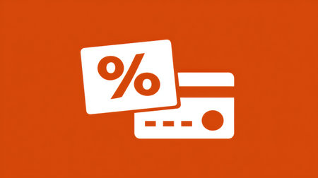 Credit card and percent sign icons are displayed against an orange background, representing online payments and discounts in a financial context.の素材