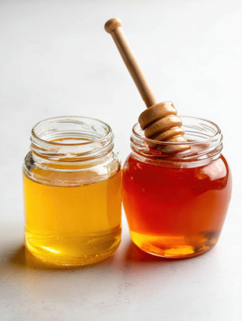 Two glass jars filled with distinct honey types stand on a white background, each accompanied by a wooden dipper for serving.の素材