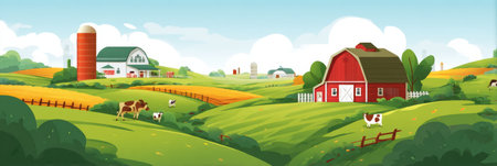 Colorful farm landscape features rolling hills, grazing cows, red barns, and silos under a bright sky, capturing the essence of rural life.の素材