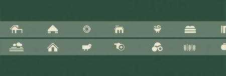A variety of farm icons representing different agricultural elements arranged in a neat layout, leaving a blank column on the right for extra details.の素材