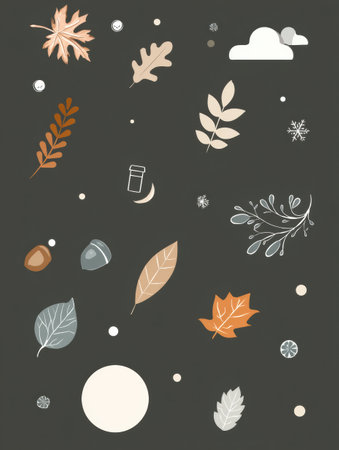 A seasonal promotion showcases falling leaves, nature icons, and playful elements against a dark backdrop, ideal for autumn themes and events.の素材