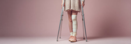 A person stands on crutches, showcasing a cast on one leg. The background is a soft, neutral pastel color, creating a serene atmosphere.の素材