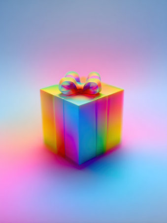 A floating gift radiates a colorful aura amidst a soft gradient backdrop.の素材