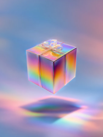 A gift hovers in mid-air, surrounded by a vibrant, colorful aura, set against a soft gradient backdrop that enhances its enchanting appearance.の素材