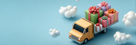 A yellow delivery truck carries a variety of wrapped gifts surrounded by fluffy white clouds in a vibrant blue sky, creating a joyful atmosphere.の素材