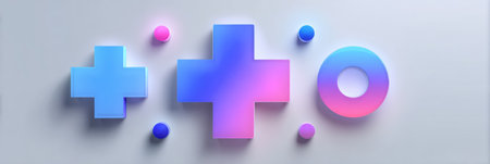 Abstract design with plus signs and medical icons in a pink and blue gradient offers a modern, eye-catching composition.の素材