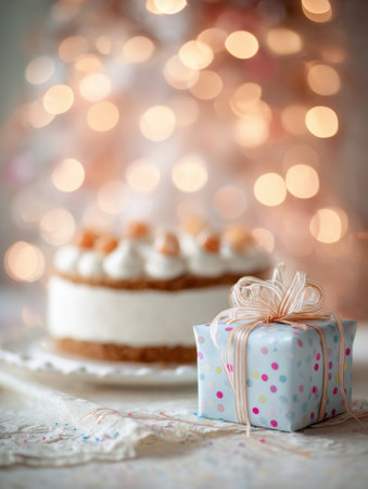 A beautifully arranged birthday cake sits next to a wrapped gift, creating a joyful atmosphere enhanced by soft bokeh lights in the background.の素材