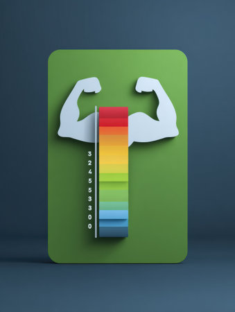 A colorful strength meter infographic features a flex icon and a gradient scale to show muscle power, ideal for fitness content.の素材