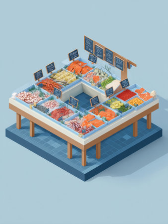 Bright, modern seafood counter features an array of fresh seafood with organized price tags and clean label spaces, set in a lively market atmosphere.の素材