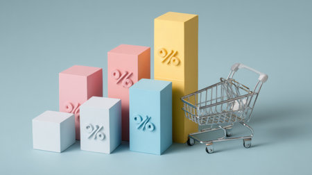 A shopping cart is positioned next to vibrant percentage cubes in soft colors, illustrating concepts of sales and discounts in a retail environment.の素材