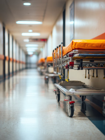 Stretchers sit in a vacant hallway, contrasting with the softly blurred walls and floor, hinting at a medical setting.の素材