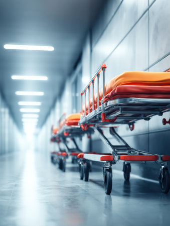 Long stretchers are neatly arranged in a deserted hallway, with bright lights creating a modern atmosphere and a blurred wall and floor enhancing perspective.の素材