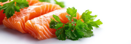Detailed view of salmon slices accompanied by vibrant Parsley, perfect for food styling and gourmet recipes in culinary settings.の素材