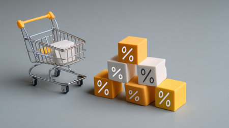 Percentage cubes sit next to a shopping cart, emphasizing discounts and bargain shopping. This setup illustrates retail savings and consumer choices.の素材