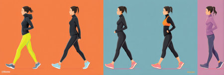 Illustration shows a woman wearing different layers of workout clothing suited for physical activities in diverse weather, from casual to more dynamic styles.の素材