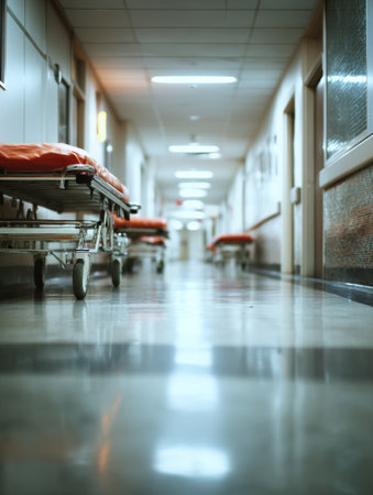 Stretchers rest in a deserted hallway where the blurred walls and floor create a serene atmosphere, suggesting a time of calm in a healthcare setting.の素材