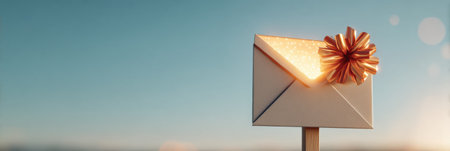 A glowing gift in a mail envelope stands out against a clear blue sky, conveying excitement and anticipation for the recipient.の素材
