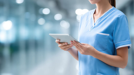 A nurse focuses on a tablet for patient data management in a bright, clean healthcare setting during her shift.の素材