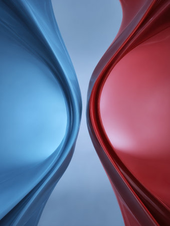 Swirling blue and red ribbons converge in an abstract design, showcasing smooth lines and a captivating fading effect in the center.の素材