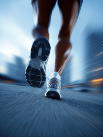 Defined leg muscles are showcased mid-stride as the runner moves swiftly through an urban area with a motion blur enhancing the sense of speed.の素材