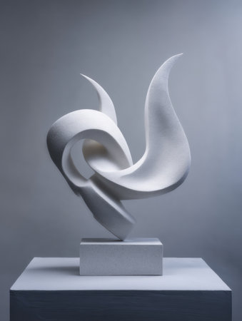 A striking muscular abstract form sculpture stands on a simple surface, highlighting its curves and shapes against a muted backdrop in an artistic studio.の素材