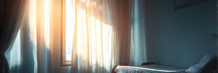 Warm sunlight filters through sheer curtains in a hospital room, highlighting a tidy bed and fostering a peaceful atmosphere for recovery.の素材