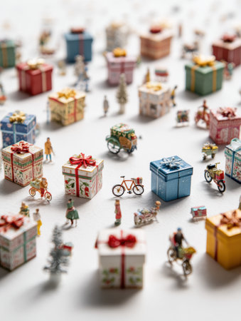 Colorful mini gift boxes frame a central white space, embodying festive joy and creativity, ideal for holiday decor.の素材