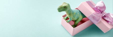A colorful gift box opens to showcase a toy dinosaur, adding a playful touch to the soft pastel surface beneath.の素材
