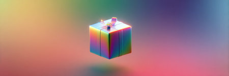 A shimmering gift floats in mid-air, enveloped in a vibrant aura against a gentle gradient backdrop, evoking a feeling of wonder and anticipation.の素材