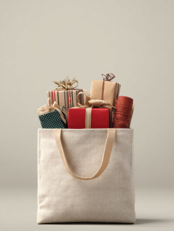 A holiday bag brimming with neatly wrapped gifts in various colors, showcasing ribbons and twine, resting against a soft, neutral background.の素材