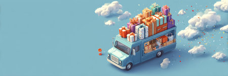 A delivery truck loaded with vibrant gifts makes its way across a bright blue sky, surrounded by fluffy clouds, creating a festive and joyful mood.の素材
