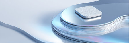 A digital promo badge is placed elegantly on a smooth, curved abstract platform, showing a modern aesthetic with a focus on technology and design.の素材